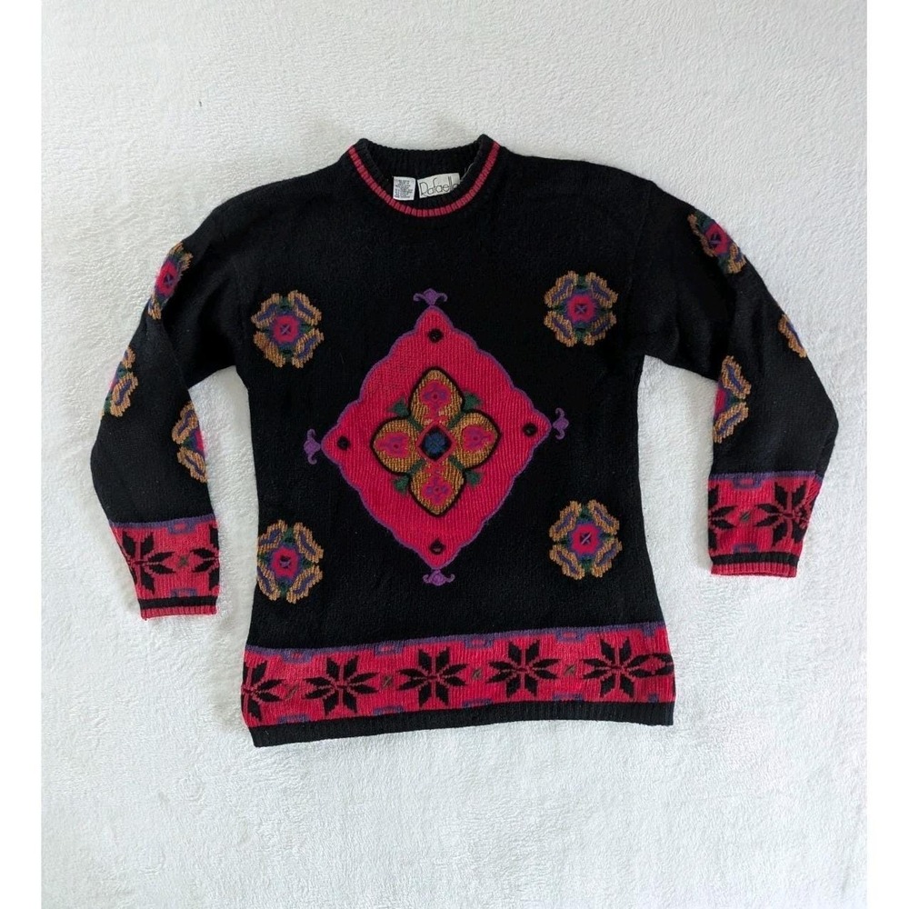 Vtg 90s Rafaella Sweater Black Intarsia Angora Wool Medallion Sm Nordic Festive